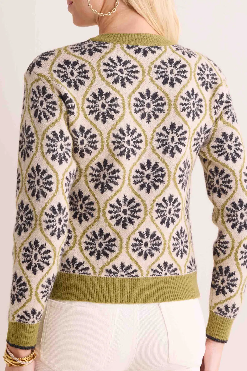 Green Floral Pattern Crew Neck Knitted Sweater