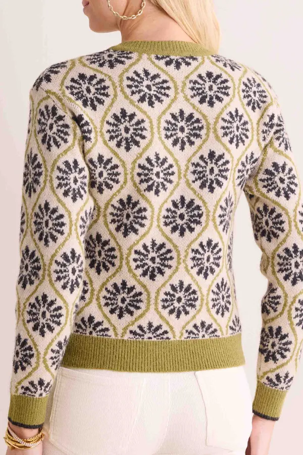 Green Floral Pattern Crew Neck Knitted Sweater