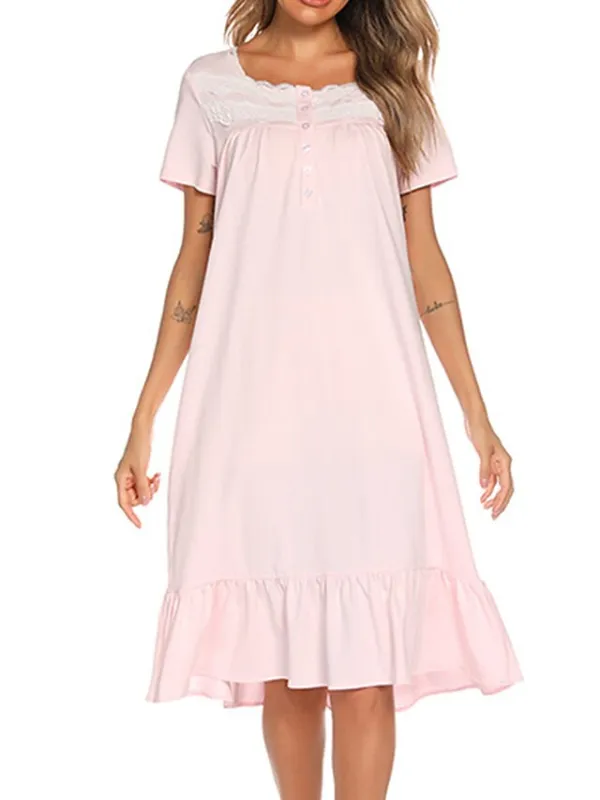 Women's Pajamas Nightgown Dress Pure Color Basic Simple Casual Home Daily Bed Cotton Breathable Square Neck Short Sleeve Dress Button Spring Summer White Pink