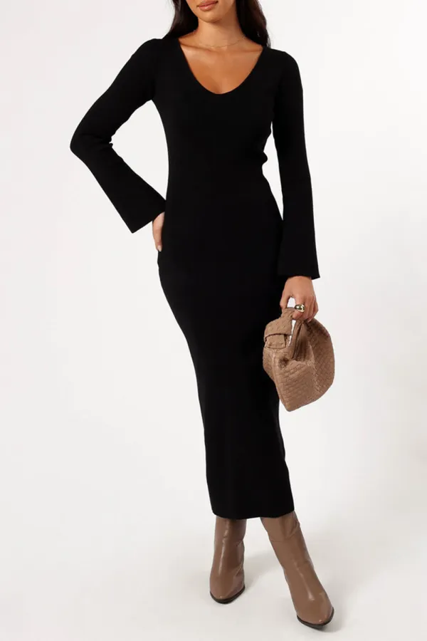 V-NECK LONG SLEEVE BLACK MIDI DRESS