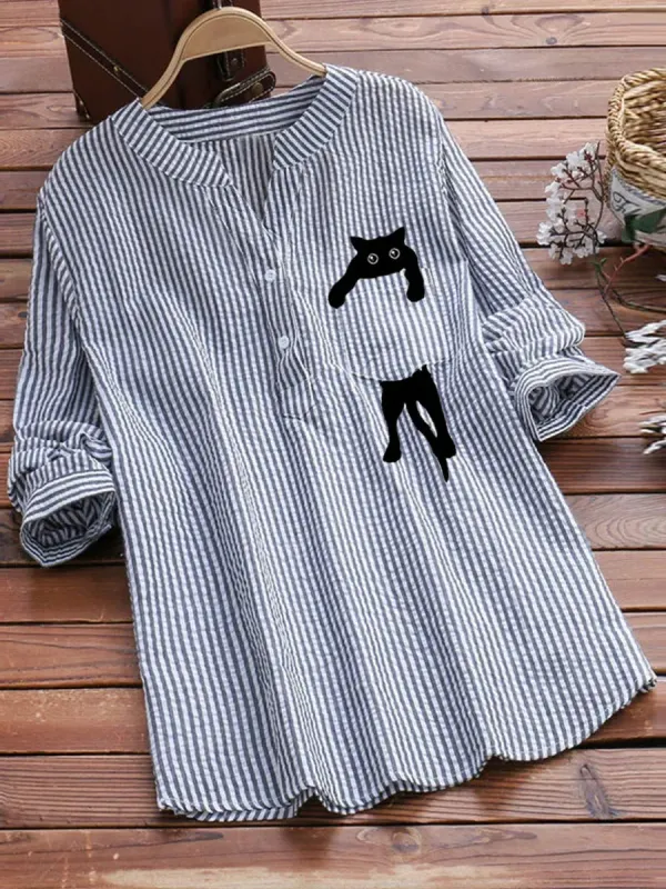 V-neck Cotton And Linen Striped And Cat Print Long Sleeve Blouse