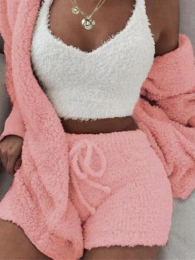Women's Fleece Loungewear Sets 3 Pieces Fluffy Fuzzy Warm Pajama Pure Color Sport Plush Casual Home Daily Bed Cotton Blend Breathable V Wire Long Sleeve Shorts Elastic Waist Fall Winter Pink Purple