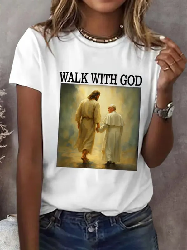 Women's Walk With God Print Short Sleeve Round Neck Cotton T-Shirt