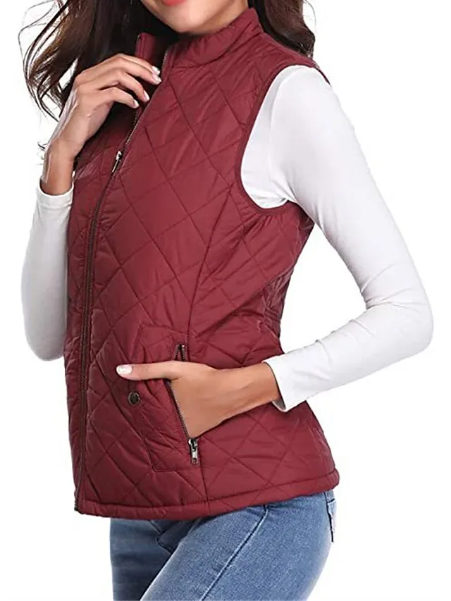Women's Quilted Vest Crop Sleeveless Winter Coat Lightweight Puffer Gilet Warm Windproof Outerwear with Pockets Zip up Fall Street Casual Jacket Light Blue claret Sea Blue