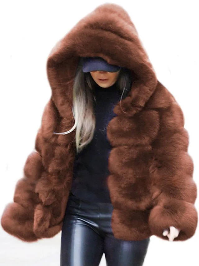 Women's Faux Fur Coat Regular Oversized Coat Sapphire Black Wine Dark Green khaki Party Party Fall Hoodie Regular Fit S M L XL XXL 3XL / Daily