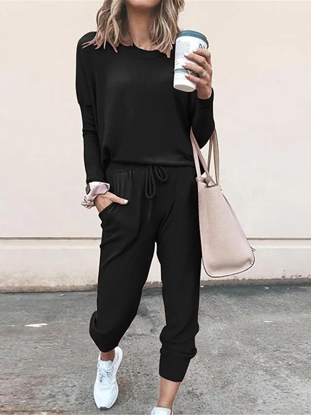 Women's Lounge Sets Crew Neck Long Sleeve Shirt and Elastic Waist Pants with Pockets Pure Color Fashion Casual Soft Home Daily Bed Polyester Breathable Summer Autumn Black Pink