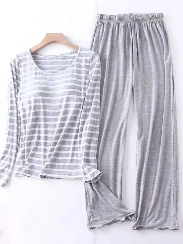 Women's Loungewear Sets 2 Pieces Stripe Fashion Casual Comfort Street Daily Date Polyester Breathable Crew Neck Long Sleeve Pant Summer Spring Black Pink