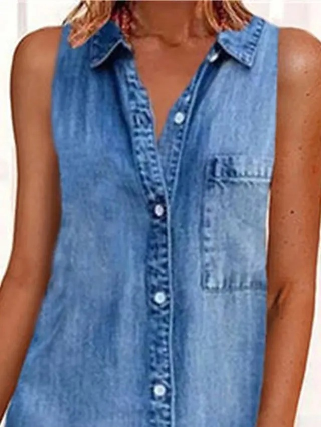 Women's Casual Dress Denim Shirt Dress Mini Dress Denim Modern Casual Outdoor Daily Shirt Collar Button Pocket Sleeveless Summer Spring 2023 Regular Fit Blue Plain S M L XL 2XL