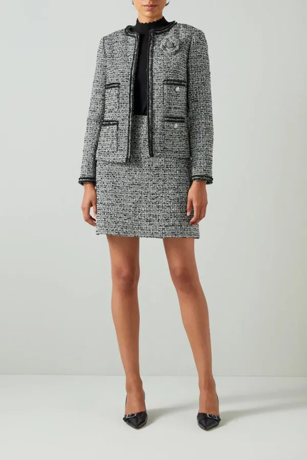 Grey Tweed Short Jacket With Contrast Trims
