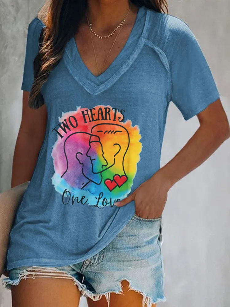 Women'S Two Hearts One Love V-Neck Short-Sleeved T-Shirt
