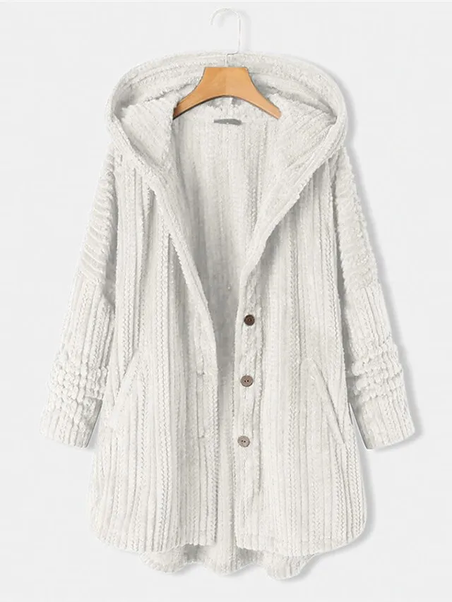 Women's Plus Size Teddy Coat Winter Coat Button Pocket Plain Outdoor Causal Long Sleeve Hoodie Regular Winter Fall Black Blue Khaki XL XXL 3XL 4XL 5XL