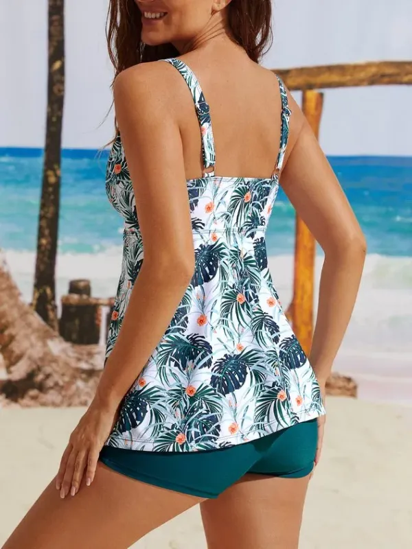 Vacation Floral Printing V neck Tankinis Two-Piece Set