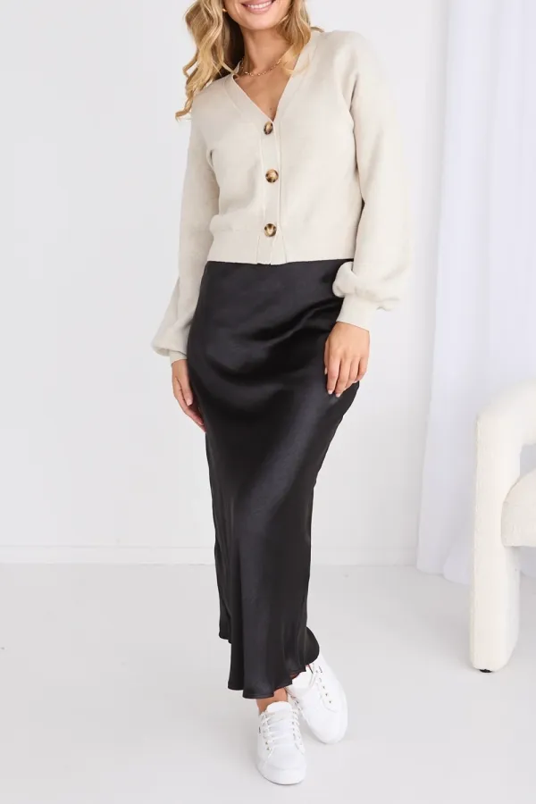 Black Satin Bias Midi Skirt