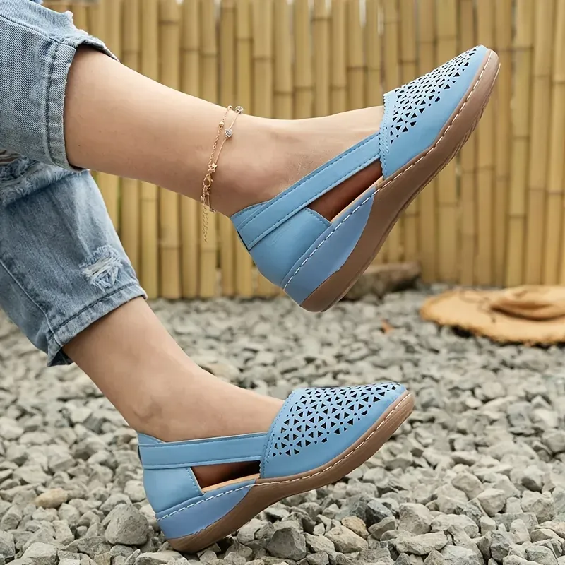 Women's Hollow Out Flat Sandals, Solid Color Cut-out Closed Toe Slip On Shoes, Casual Faux Leather Shoes
