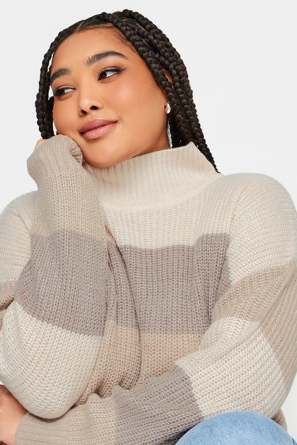 YOURS Curve Grey Stripe High Neck Knitted Jumper