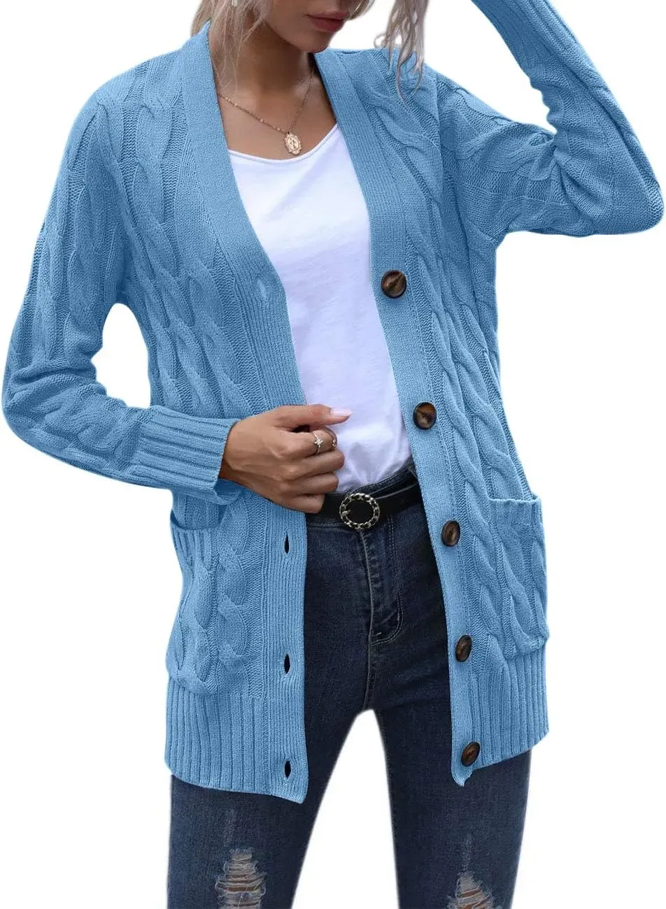 MEROKEETY Women's 2024 Fall Long Sleeve Cable Knit Sweater Open Front Cardigan Button Loose Outerwear