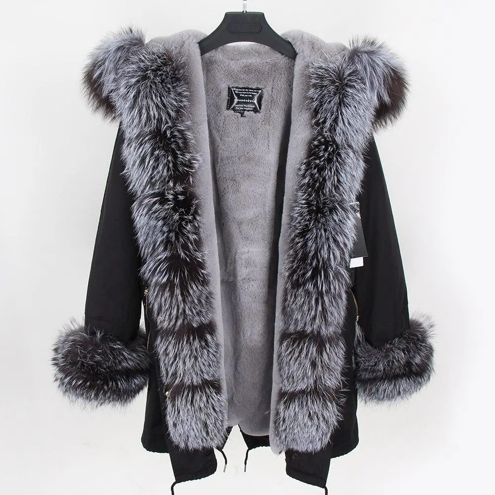 Women's Parka Fox Fur Coats Real Fur Winter Long Black Park Cotton Thick Warm