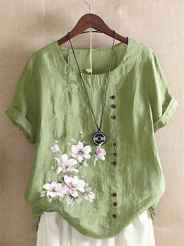 Women's Shirt Linen Shirt Blouse Cotton Linen Floral White Yellow Pink Button Print Short Sleeve Daily Vacation Going out Vintage Holiday Casual Crew Neck Regular Fit Summer Spring