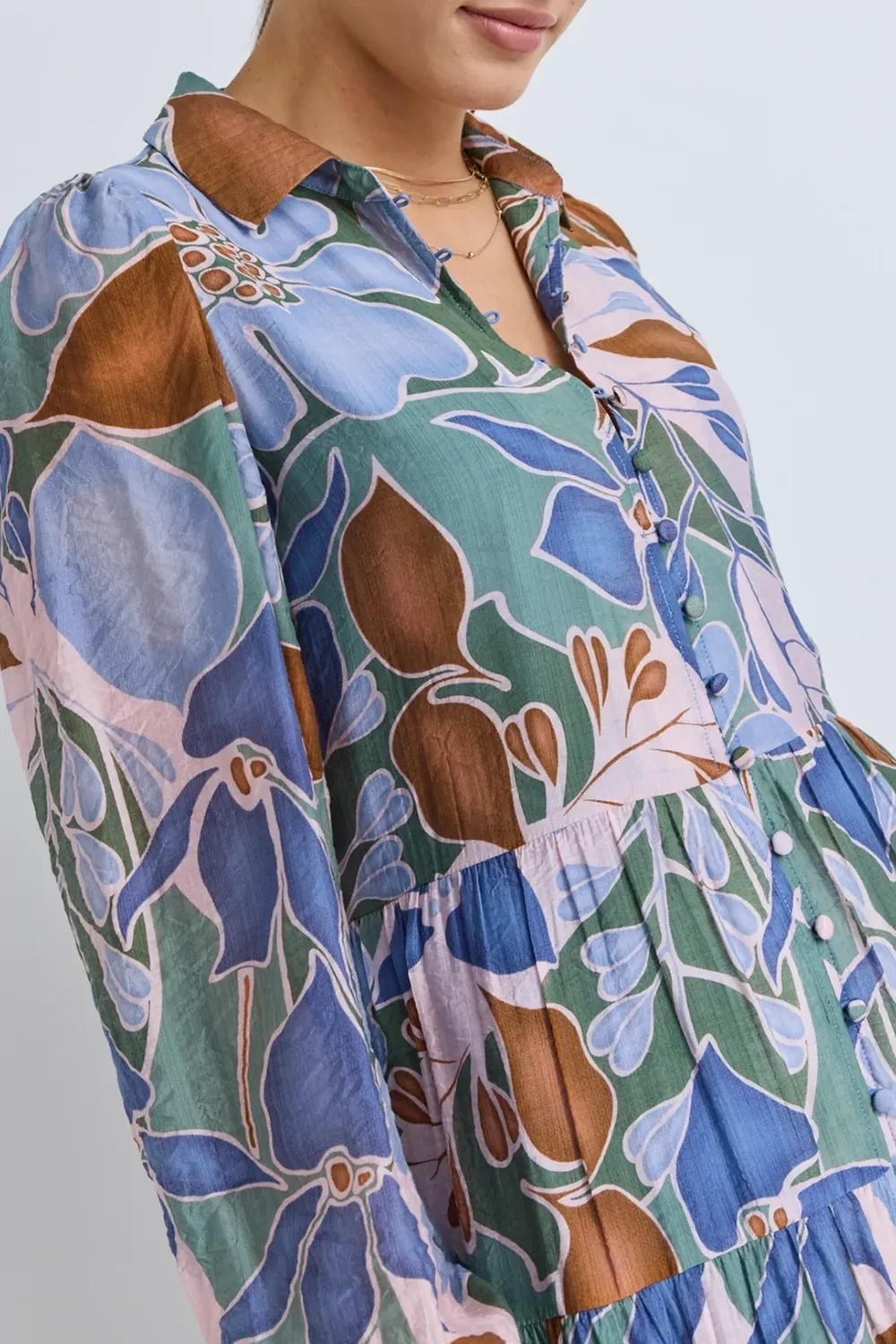 Khaki Floral Long - Sleeve Tiered Dress