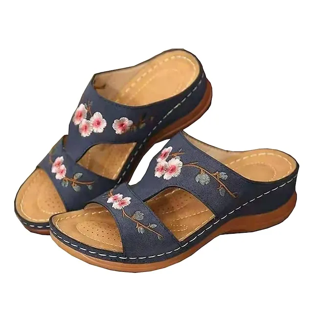Women's Sandals Comfort Shoes Outdoor Slippers Outdoor Daily Summer Embroidery Wedge Heel Open Toe Casual Chinoiserie Walking Shoes Faux Leather Loafer Floral Black Red Brown
