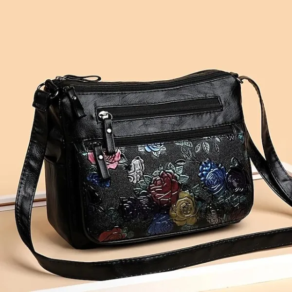 Women's Crossbody Bag Shoulder Bag PU Leather Outdoor Office Zipper Adjustable Large Capacity Lightweight Flower Black
