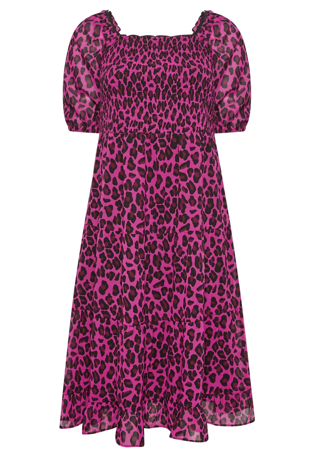 YOURS Curve Hot Pink Leopard Print Midi Shirred Dress