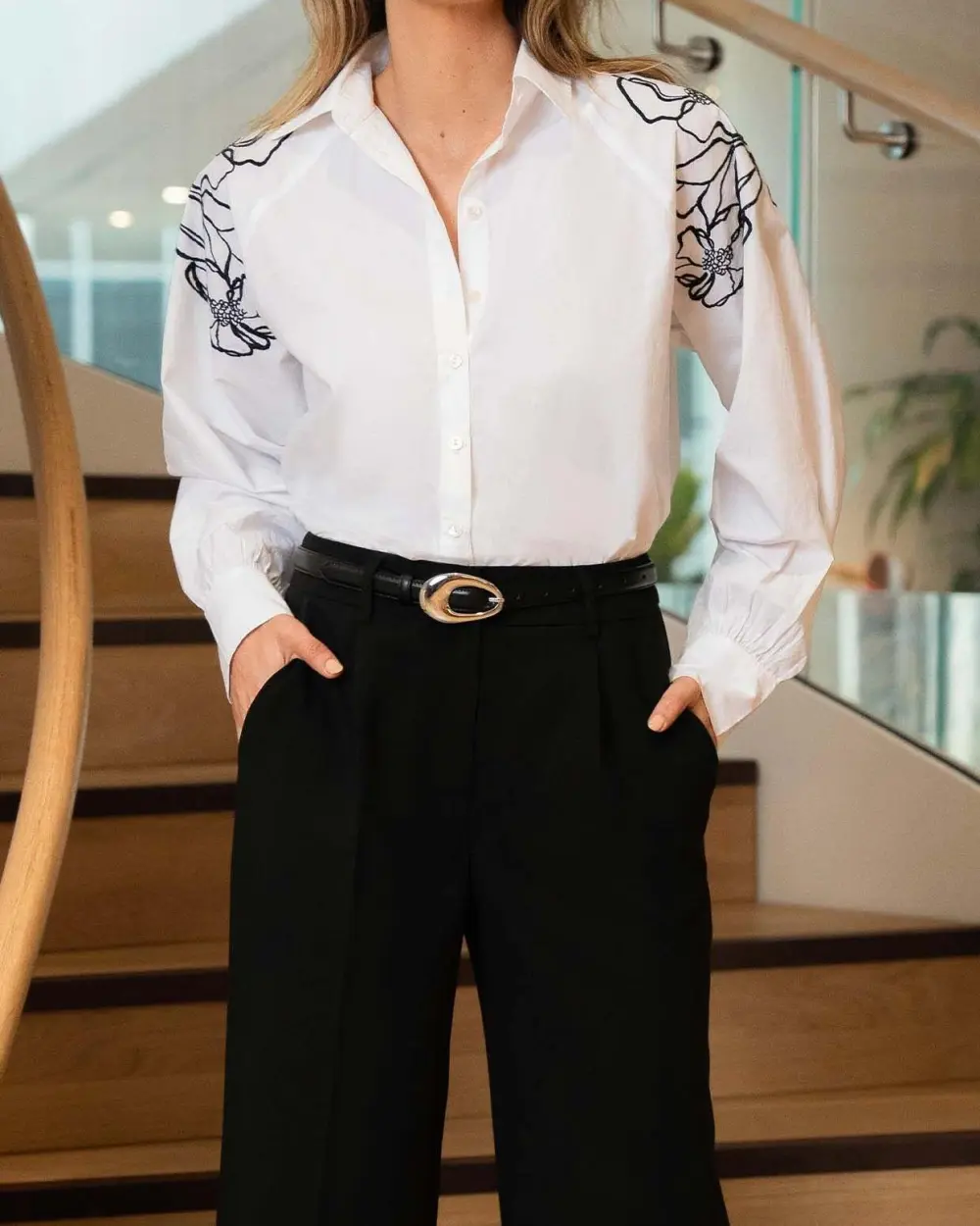 Button-down Front Closure Embroidered Cotton Shirt