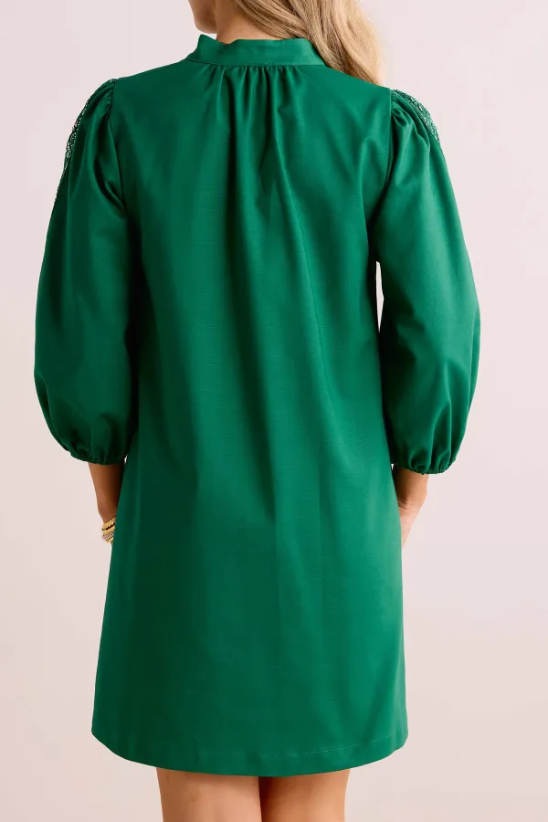 Green Stand Collar Puff Sleeve Shift Dress