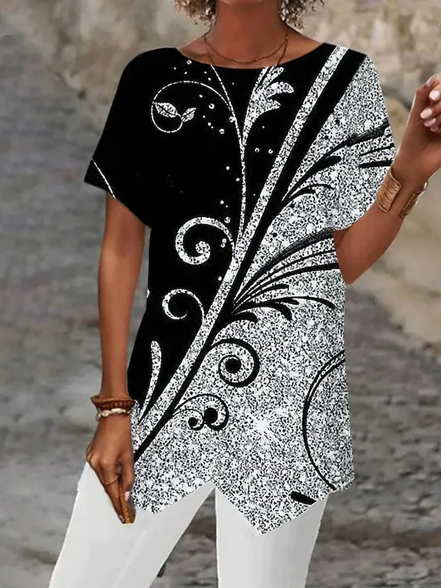 Women's Shirt Blouse Silver Black White Graphic Abstract Asymmetric Print Short Sleeve Casual Basic Round Neck Regular Fit