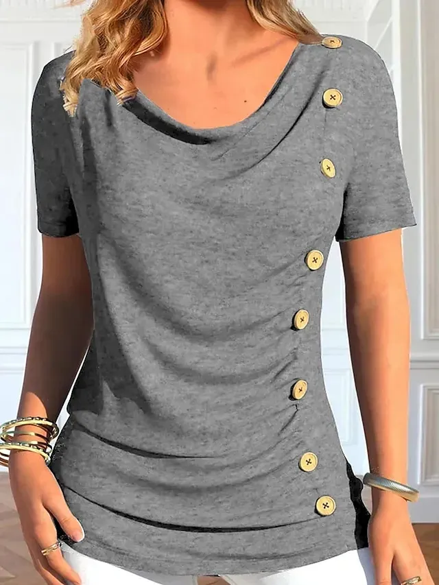 Women's T shirt Tee Blouse Black Red Navy Blue Plain Button Short Sleeve Casual Basic Round Neck Regular S