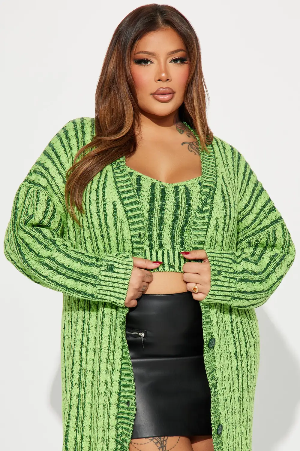 Casual And Cool Washed Cardigan Set - Green/combo