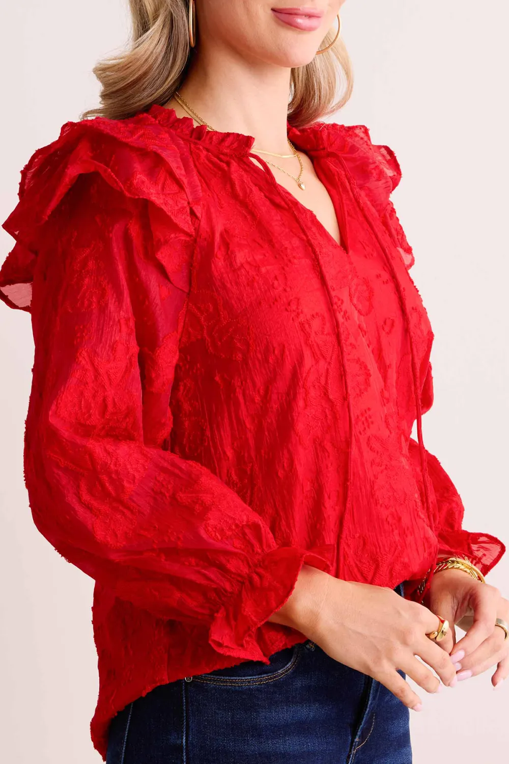 Red Ruffled Sleeve V-Neck Long Sleeve Blouse