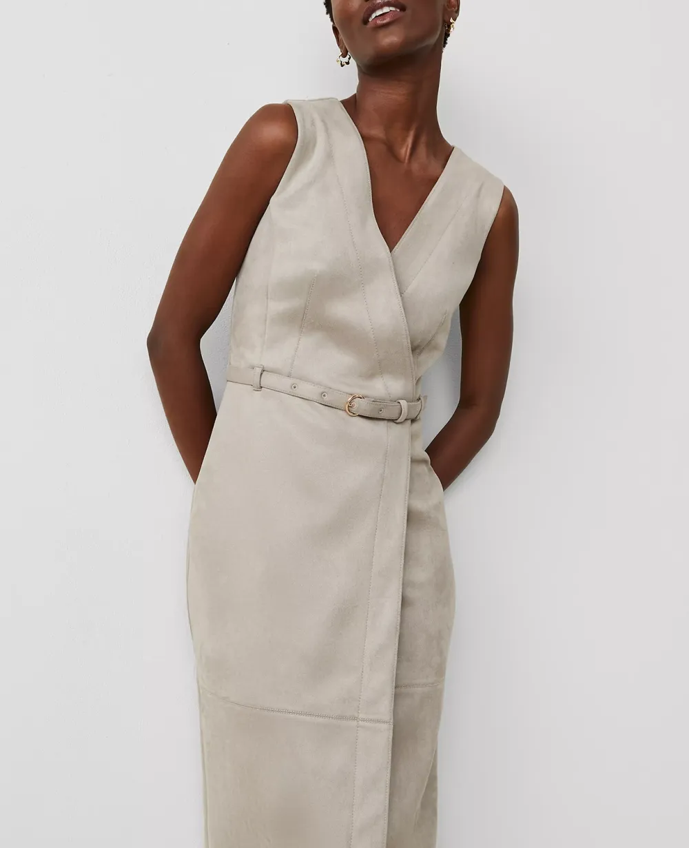 Faux Suede Belted Wrap Sheath Dress