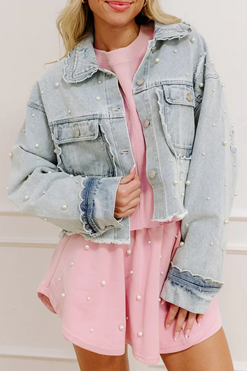 Girly Pearl Embellished Women's Denim Jacket