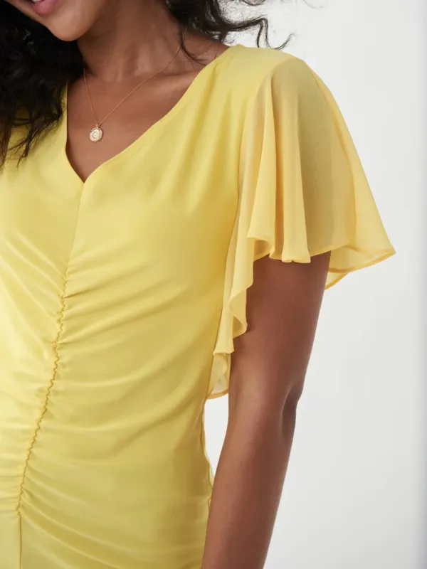 Yellow Ruffled V - Neck Short - Sleeve Top