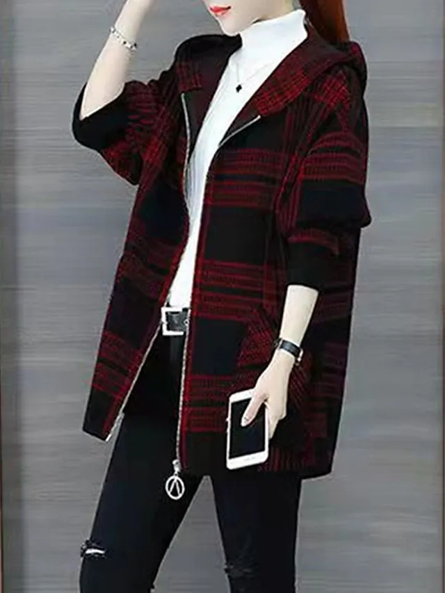 Women's Hoodie Jacket Fall Zip up Sweatshirt Plaid Print Winter Cropped Coat Windproof Warm Casual Jacket Long Sleeve Plaid with Pockets Black