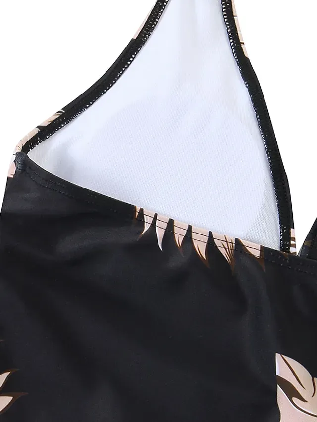 Women's Swimwear Tankini 2 Piece Plus Size Swimsuit Open Back Printing for Big Busts Trees / Leaves Black Halter V Wire Bathing Suits New Vacation Fashion / Modern / Padded Bras