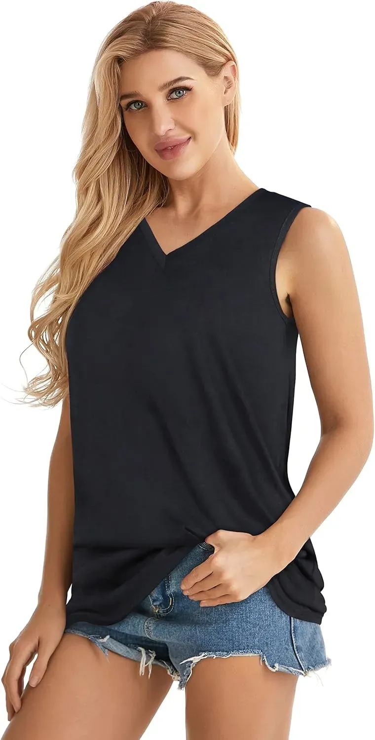 Summer Tops for Women Sleeveless V Neck Tshirt Loose Fit Casual Tank Tunic Blouse