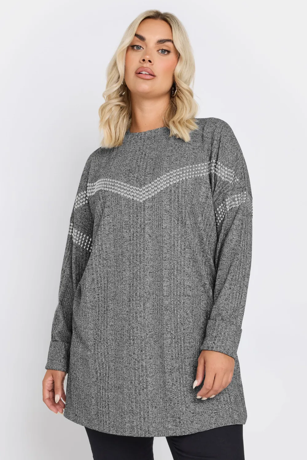 YOURS Curve Grey Ribbed Chevron Stud Jumper
