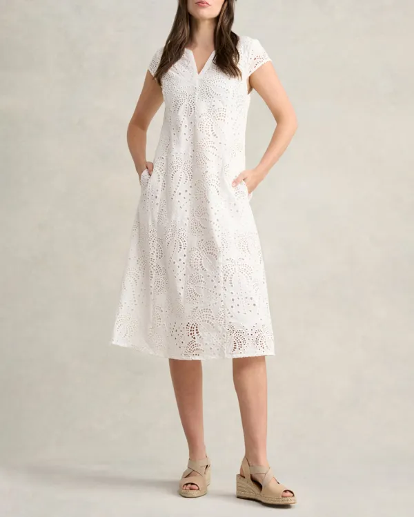 V Neck Short Sleeve Eyelet Midi Dress