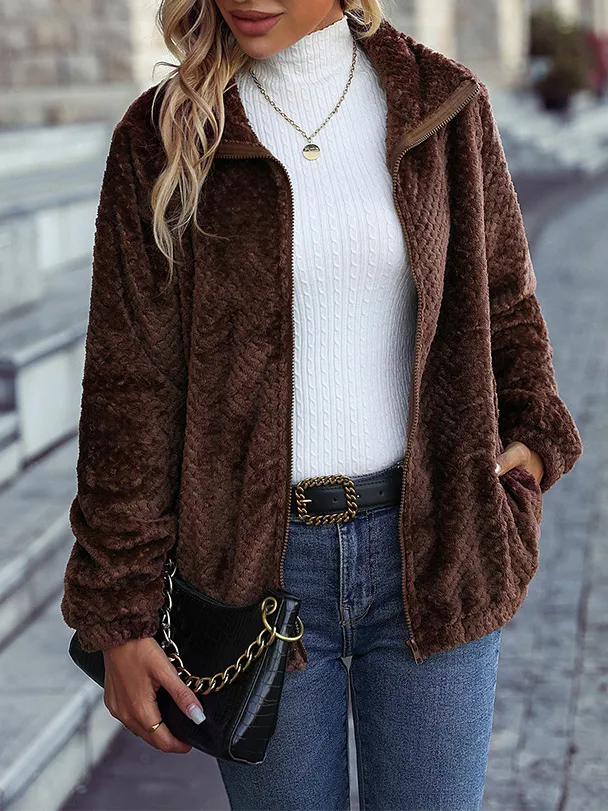 Casual Solid Color Plush Warm Long-Sleeved Coat