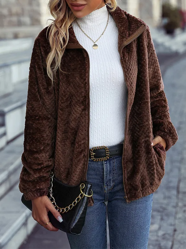 Casual Solid Color Plush Warm Long-Sleeved Coat
