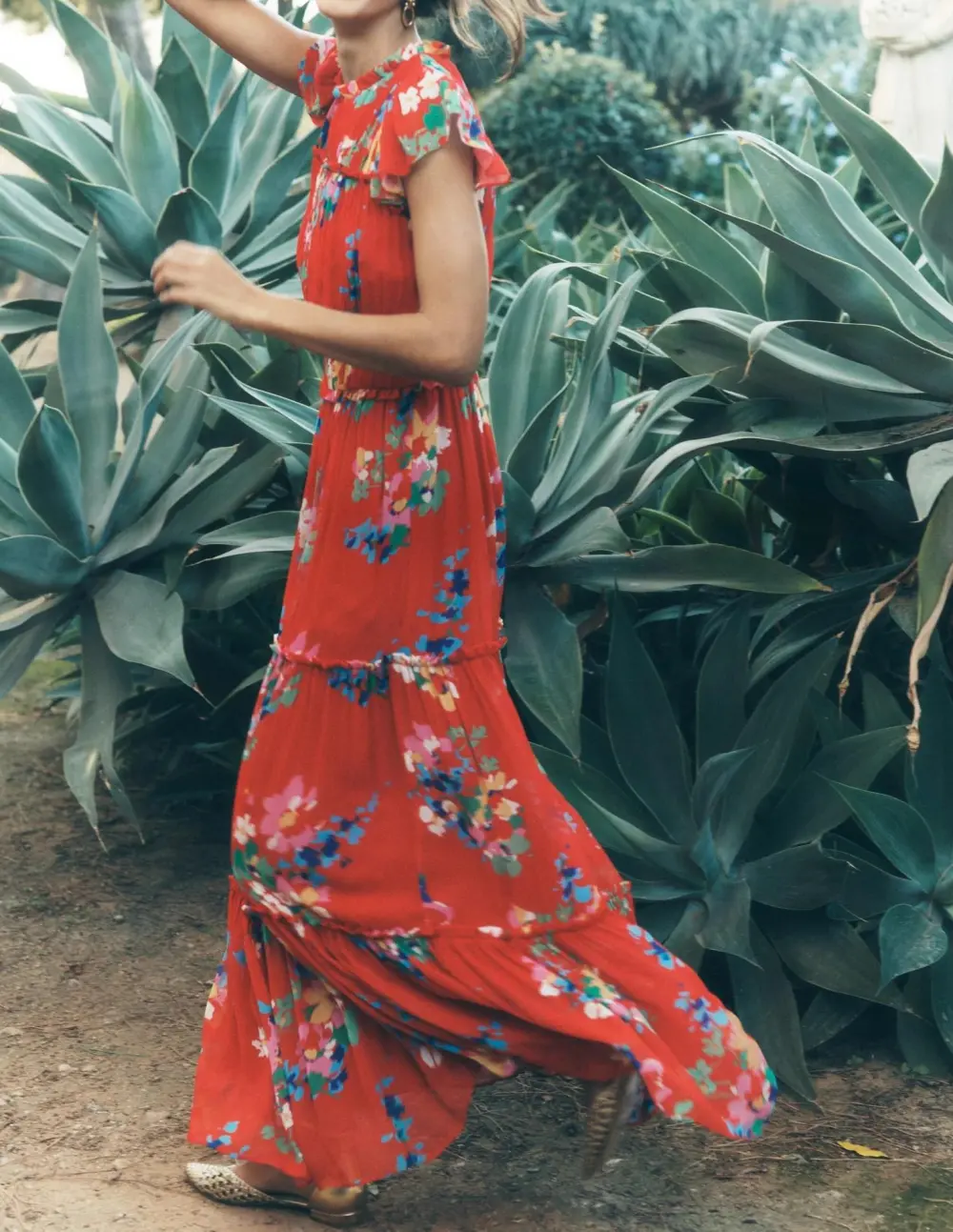 Red Floral High - Neck Midi Dress