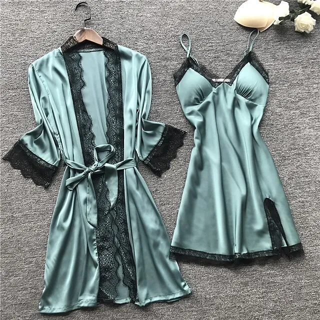 Women's Lace Satin Silk Pajamas Sets 4 Pcs Home Party Daily St.Patrick's Day Elastic Waist Pure Color Satin Simple Casual Soft Strap Top Shorts Fall Winter Spring Strap Short Sleeves Long Sleeve