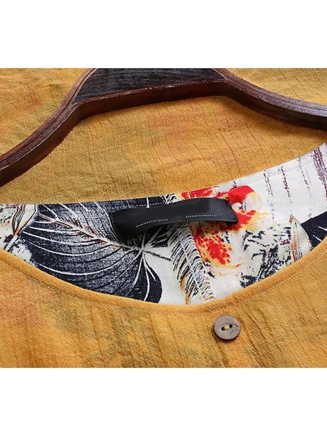 Women's Casual Dress Linen Dress Swing Dress Long Dress Maxi Dress Green Short Sleeve Floral Patchwork Summer Spring Crew Neck Fashion 2023 5XL