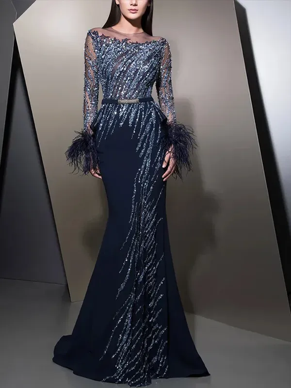 Fashion Sequin Feather Evening Dress