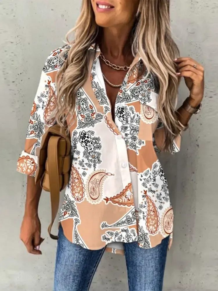 Women 3/4 Sleeve Shirt Collar Floral Printed Animal Print Button Top Shirts