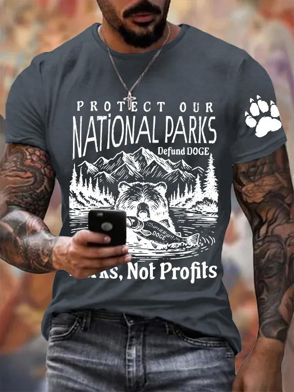 Men'S T-Shirt Pure Cotton Men'S Protect Our National Parks Printed Round Neck T-Shirt