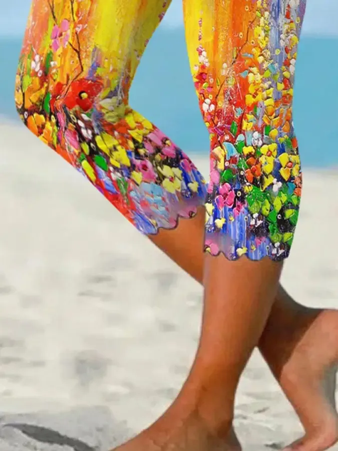 Floral Oil Painting Wavy Edge Print Leggings