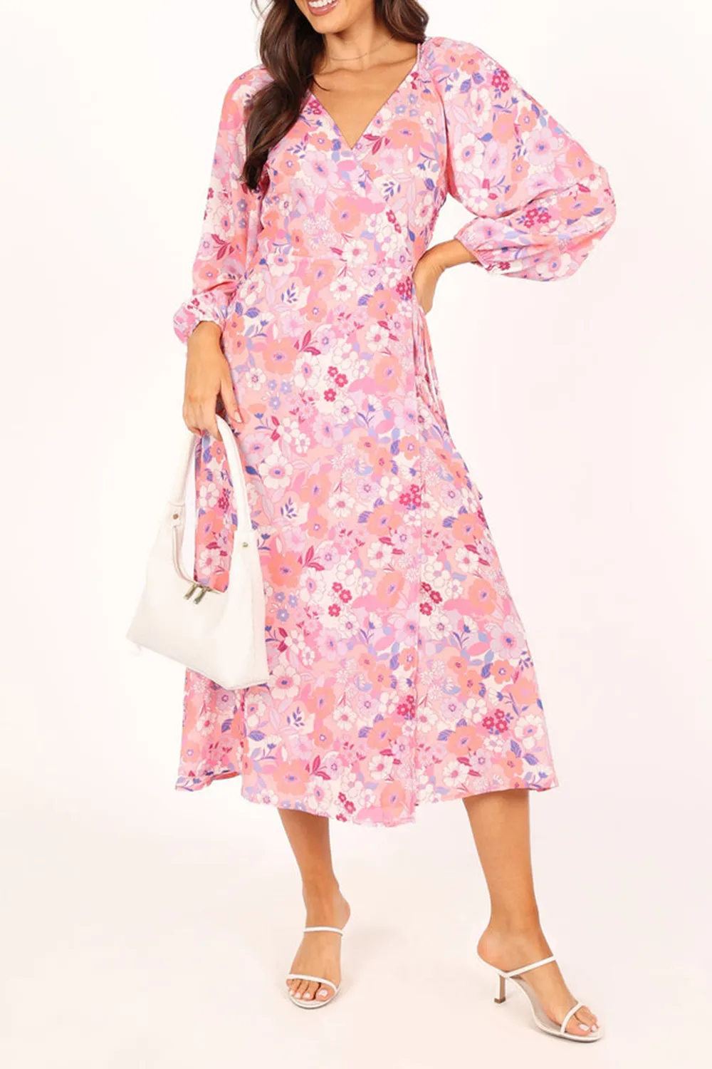 PINK FLORAL LONG SLEEVE MIDI DRESS